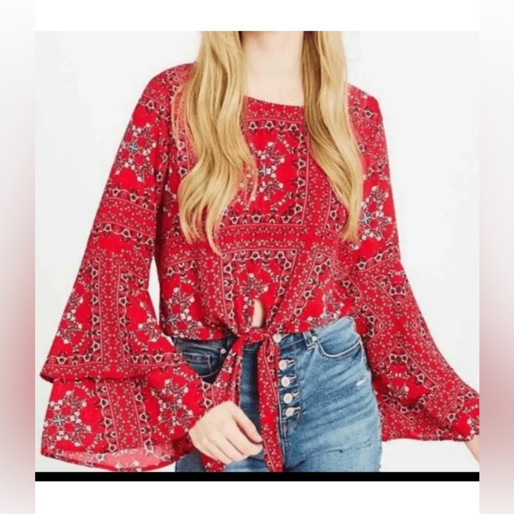 Altar'd State Red Patterned Americana Patriotic Cropped Tie Waist Blouse Size M